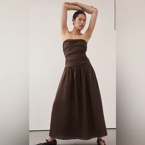 CATANIA BITTER CHOC LINEN MIDI STRAPLESS DRESS DISSH